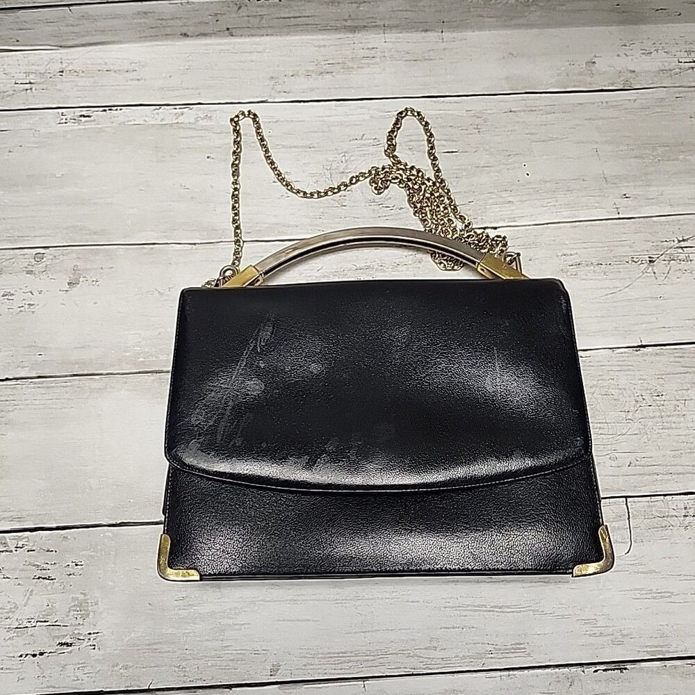 VTG Koret Black Calfskin Handbag Gold Metal Trim Top Handle/Chain Shoulder Bag